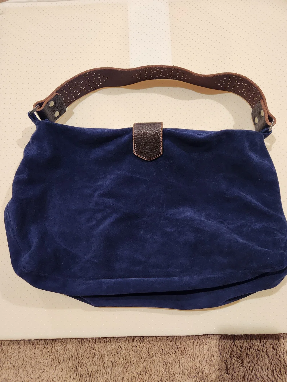 Tylie Malibu Suede Navy Blue Shoulder Bag with Embellished Brown Strap - Picture 6 of 6